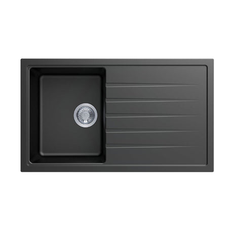 860X500X205mm Carysil Black Single Bowl With Drainer Board Granite Kitchen Laundry Sink