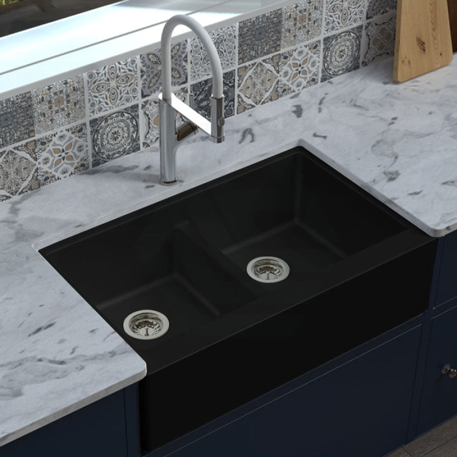864X540X229mm Black Granite Butler Sink Double Bowls Farmhouse Kitchen Laundry Apron Front Products