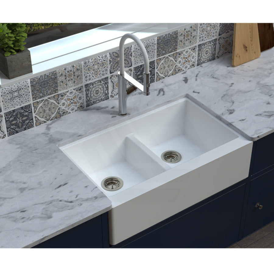864X540X229mm White Granite Butler Sink Double Bowls Farmhouse Kitchen Laundry Apron Front Products