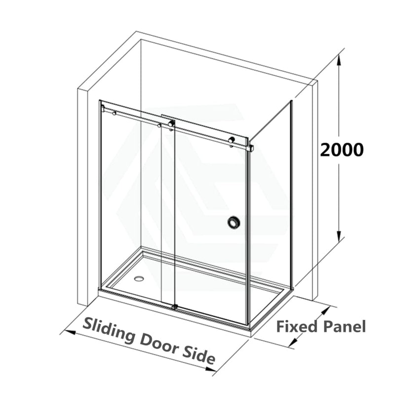 870-1180X2000Mm Sliding Shower Screen L Shape Frameless Black Square Rail 10Mm Glass Embedded Circle