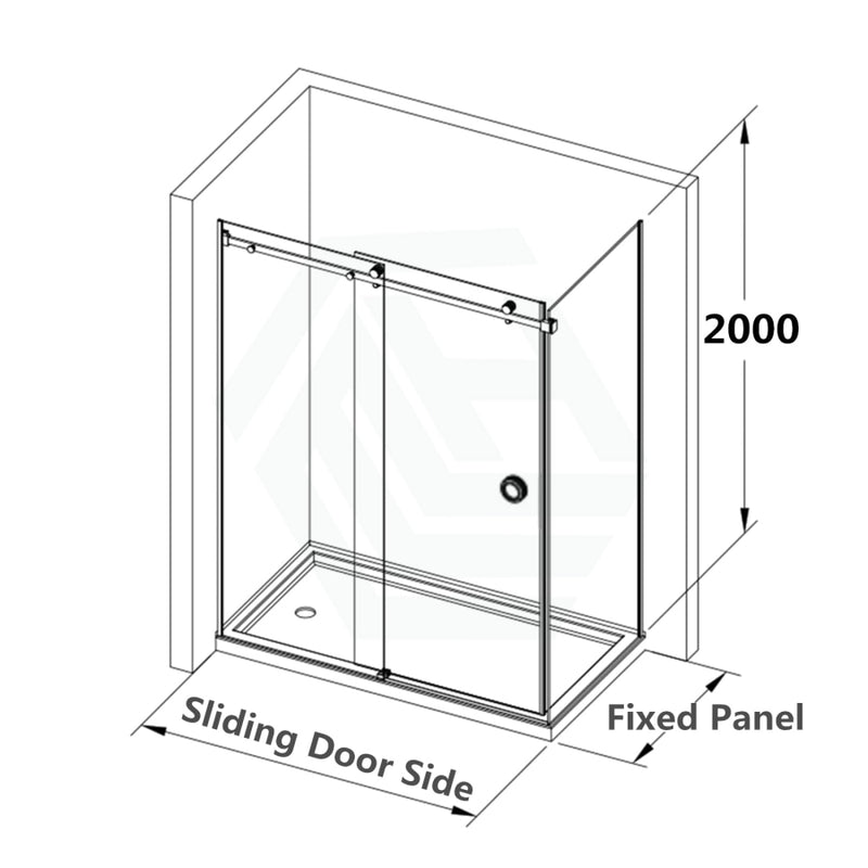 870-1180X2000Mm Sliding Shower Screen L Shape Frameless Chrome Ss304 Square Rail 10Mm Glass Embedded