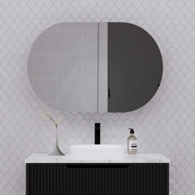 870mm Oval Pencil Edge Mirror Wall Hung Shaving Cabinet Matt Black