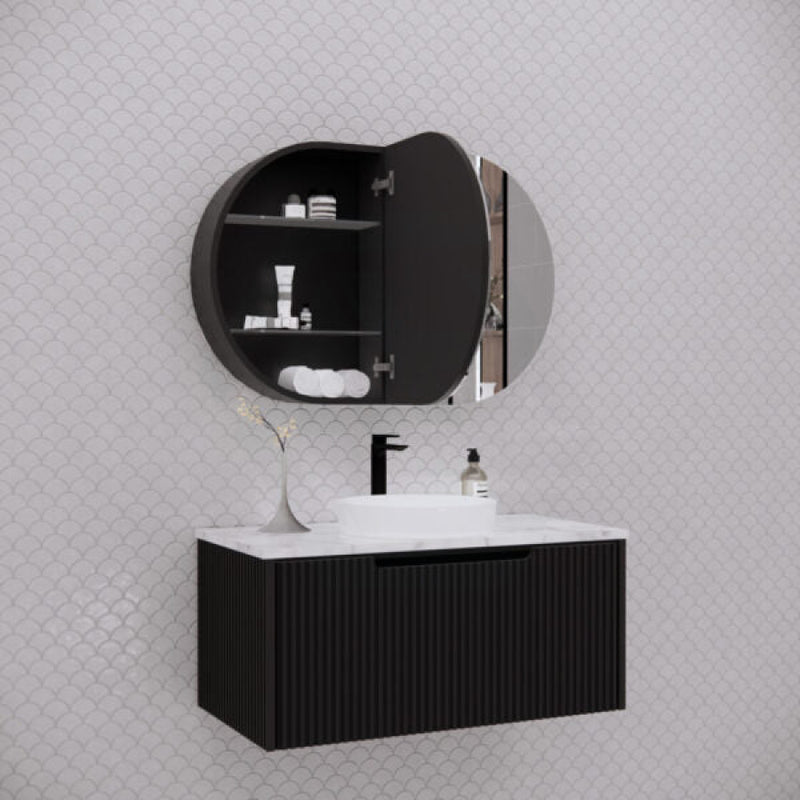 870X600X140Mm Oval Pencil Edge Mirror Wall Hung Shaving Cabinet Matt Black Cabinets