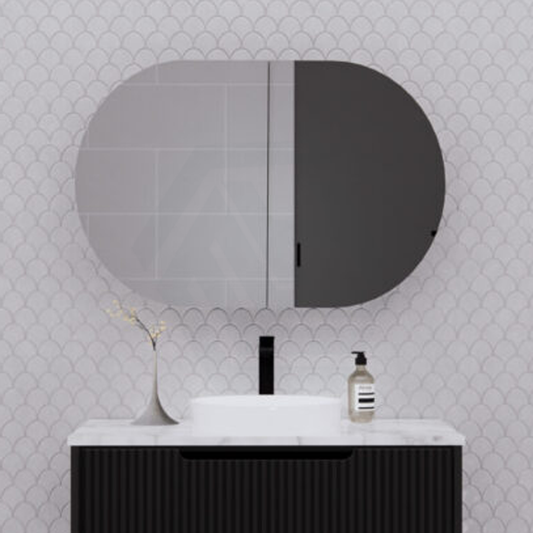 870X600X140Mm Oval Pencil Edge Mirror Wall Hung Shaving Cabinet Matt Black Cabinets