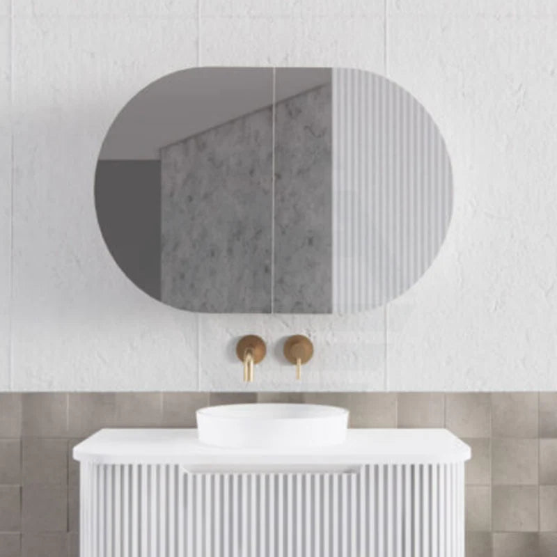 870mm Oval Pencil Edge Mirror Wall Hung Shaving Cabinet Matt White