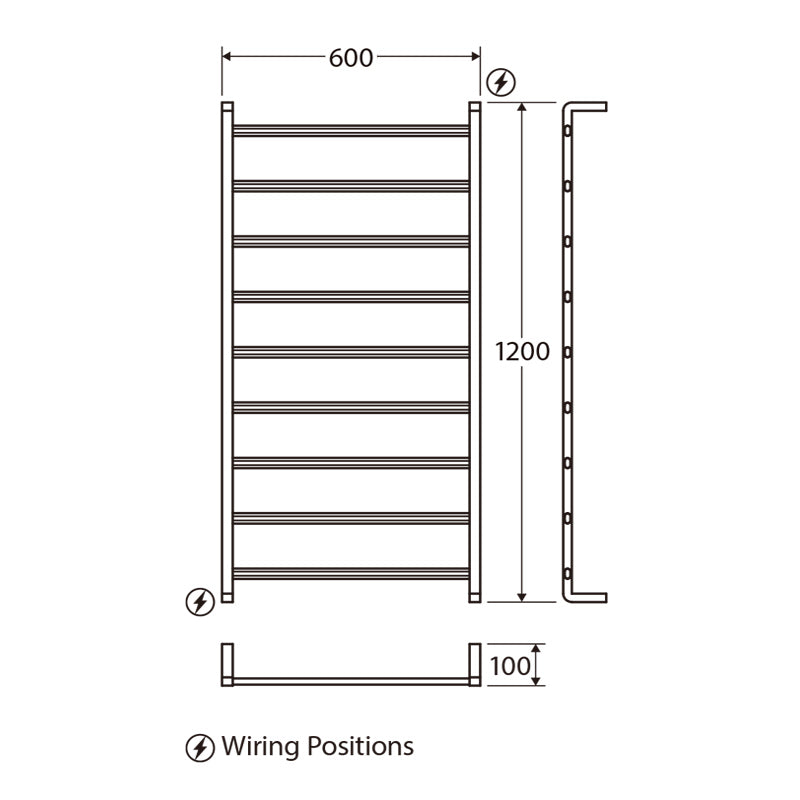 Fienza Tono/Koko Heated Towel Rail 600mm, 4/6/9 Square Bars, Matt Black