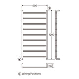 Fienza Tono/Koko Heated Towel Rail 600mm, 4/6/9 Square Bars, Matt Black