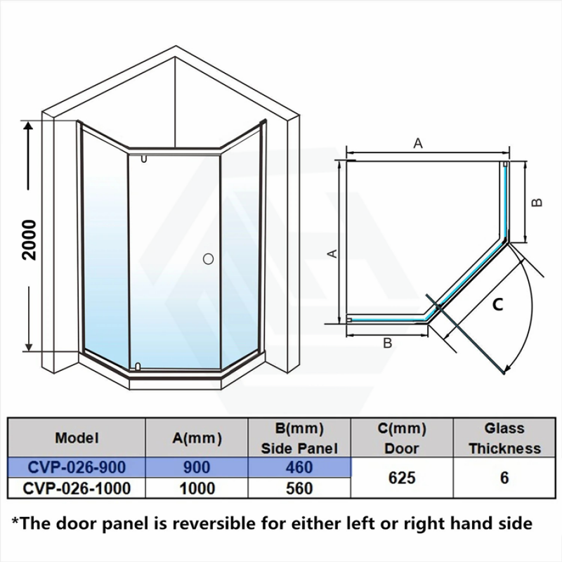 900/1000Mm Diamond Shape Shower Screen Pivot Door Chrome Semi - Frameless 6Mm Glass 2000Mm Height