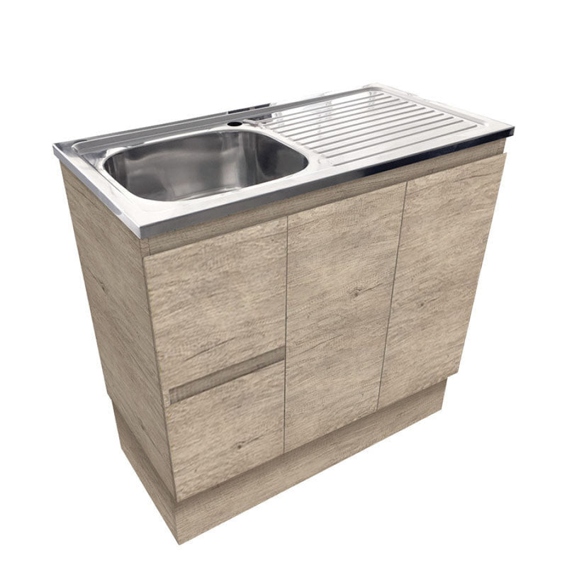 900mm Citi E0 Board Scandi Oak Freestanding Kickboard Vanity Cabinet with Stainless Steel Sink-Top
