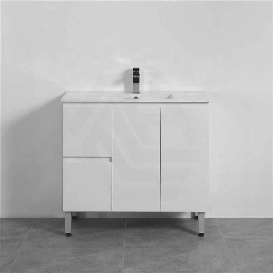 900Mm Freestanding Pvc Vanity With Gloss White Finish Left / Right Drawers Cabinet Only For Bathroom