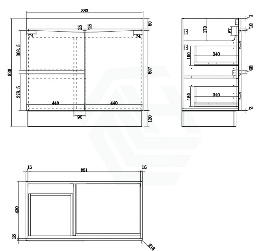 900Mm Freestanding With Kickboard Mdf Curve Edge Vanity Dark Oak Finish Left / Right Drawers Cabinet