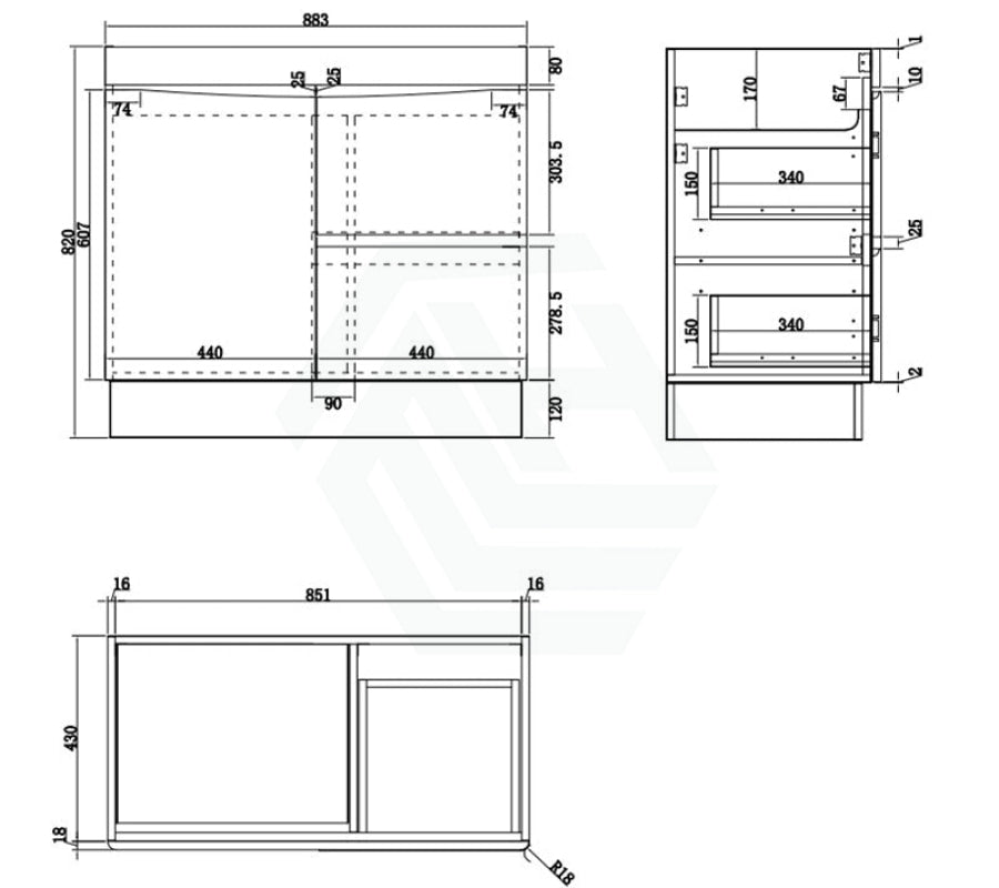900Mm Freestanding With Kickboard Mdf Curve Edge Vanity Dark Oak Finish Left / Right Drawers Cabinet