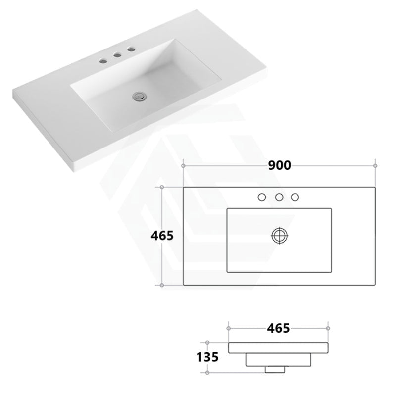 900X465X135Mm Poly Top For Bathroom Vanity Single Bowl 1 Or 3 Tap Holes Available No Overflow Hole