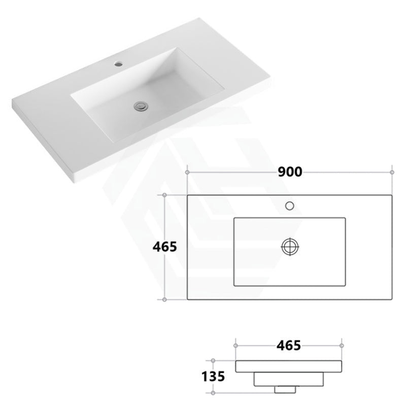 900X465X135Mm Poly Top For Bathroom Vanity Single Bowl 1 Or 3 Tap Holes Available No Overflow Hole