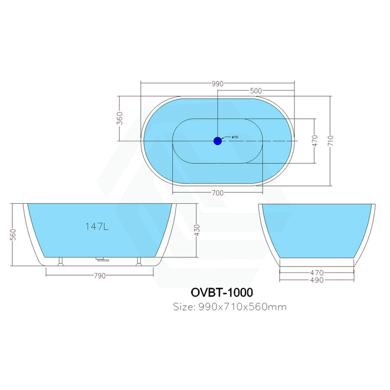990*710*560Mm Ceto Freestanding Bathtub Oval Gloss White No Overflow Bathtubs
