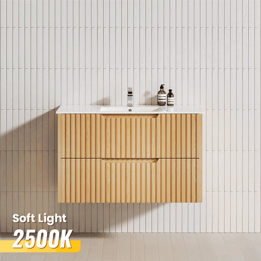 600-1500mm Bali Wall Hung Bathroom Floating Vanity American Oak Linear Fluted Cabinet PVC Coating