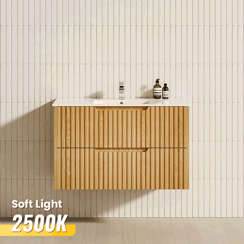 600-1500mm Bali Wall Hung Bathroom Floating Vanity American Oak Linear Fluted Cabinet PVC Coating