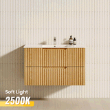 600-1500mm Bali Wall Hung Bathroom Floating Vanity American Oak Linear Fluted Cabinet PVC Coating