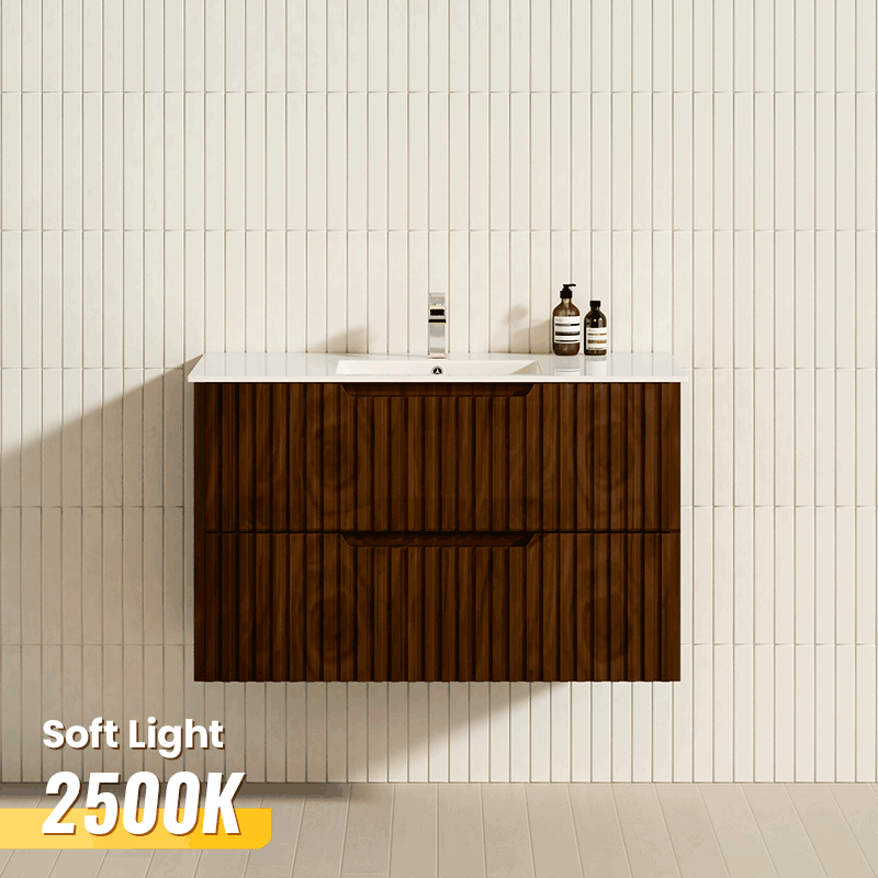 ABS 600-1500mm Bali Brown Oak Linear Fluted PVC Coating Wall Hung Bathroom Vanity with/without Ceramic/Poly Top