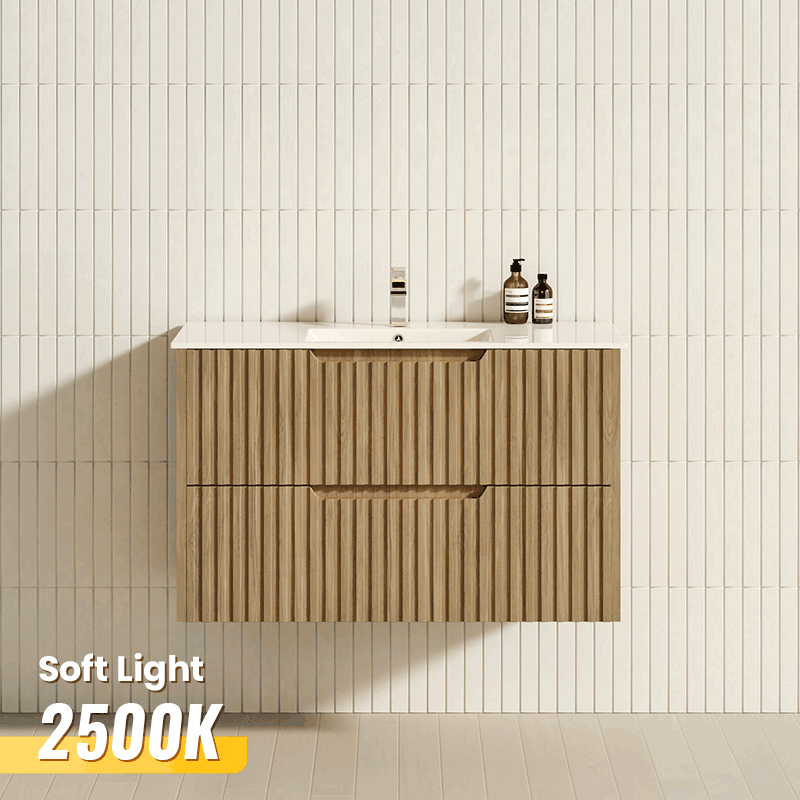 600-1500mm Bali Wall Hung Floating Vanity White Oak Linear Fluted Cabinet PVC Coating