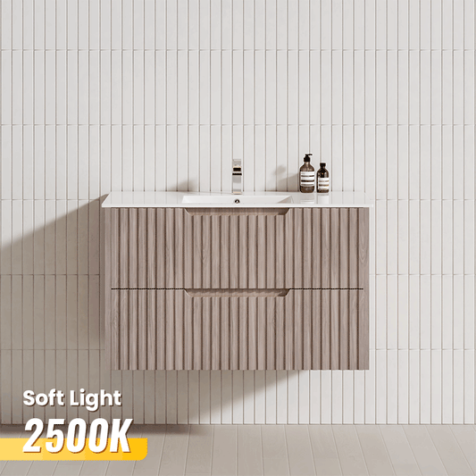 600-1500mm Bali Wall Hung Bathroom Floating Vanity White Oak Linear Fluted Cabinet PVC Coating