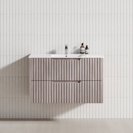 600-1500mm Bali Wall Hung Bathroom Floating Vanity White Oak Linear Fluted Cabinet PVC Coating