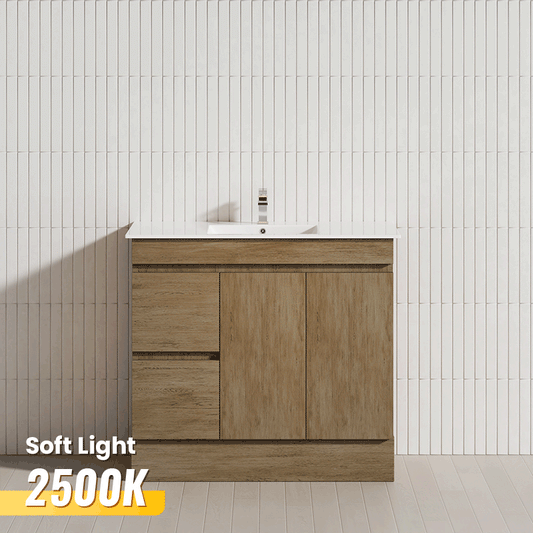 600-1500mm Freestanding Kickboard Bathroom Vanity Light Oak Wood Grain Cabinet Only & Ceramic/Poly Top Available
