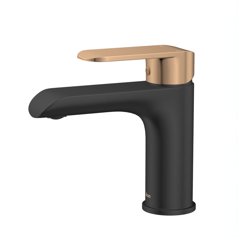 Solid Brass Matt Black & Rose Gold Handle Basin Mixer Tap for Vanity and Sink
