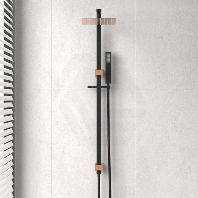8 Inch 200Mm Square Black & Rose Gold Rainfall Twin Shower Station Top Water Inlet Showers