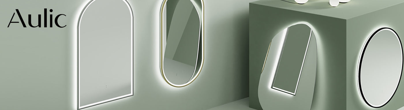 Modern LED mirrors with soft lighting on green background by Aulic