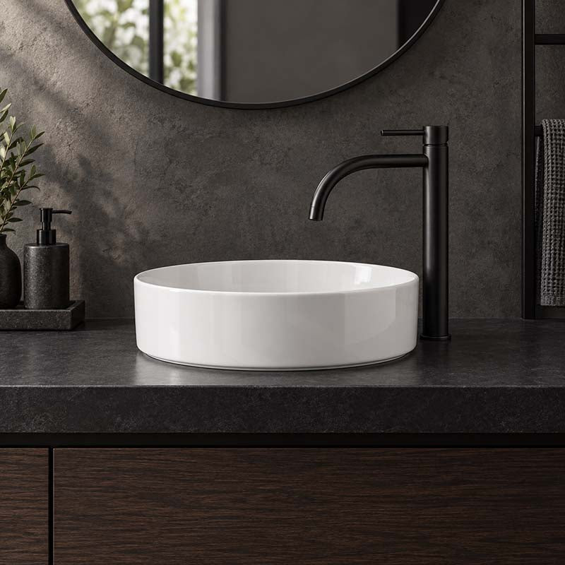355x355x120mm Round Gloss White Ceramic Above Counter Wash Basin Ultra Slim