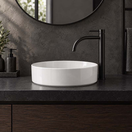 355x355x120mm Round Gloss White Ceramic Above Counter Wash Basin Ultra Slim