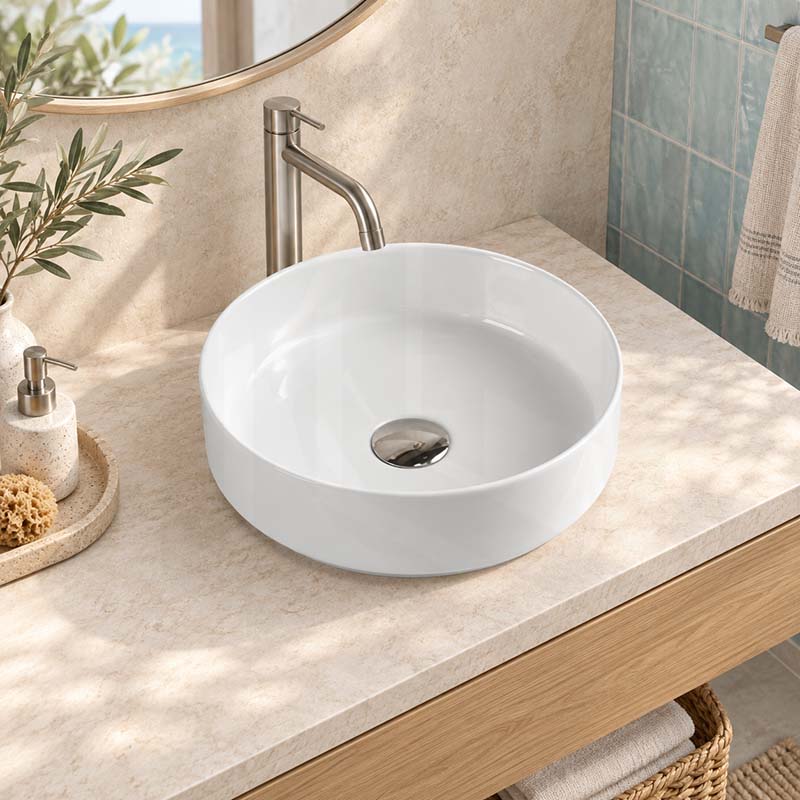 355x355x120mm Round Gloss White Ceramic Above Counter Wash Basin Ultra Slim