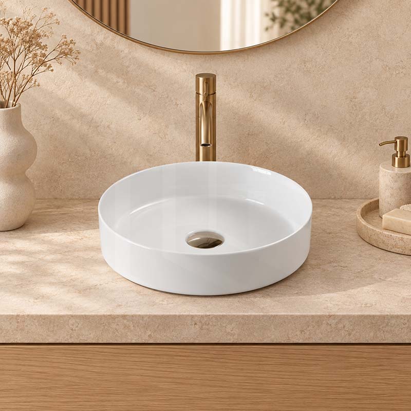 355x355x120mm Round Gloss White Ceramic Above Counter Wash Basin Ultra Slim