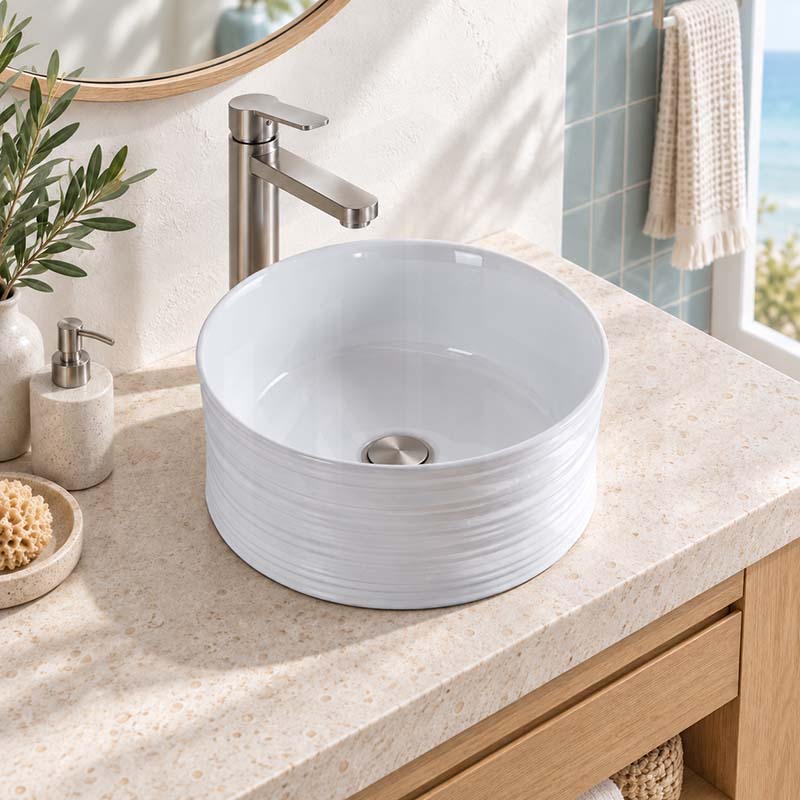 408x408x180mm Round Gloss White Ceramic Above Counter Wash Basin Textured Outside