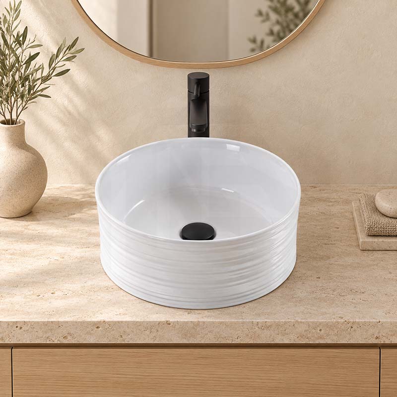 408x408x180mm Round Gloss White Ceramic Above Counter Wash Basin Textured Outside