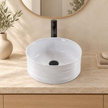 408x408x180mm Round Gloss White Ceramic Above Counter Wash Basin Textured Outside