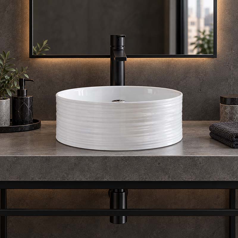 408x408x180mm Round Gloss White Ceramic Above Counter Wash Basin Textured Outside