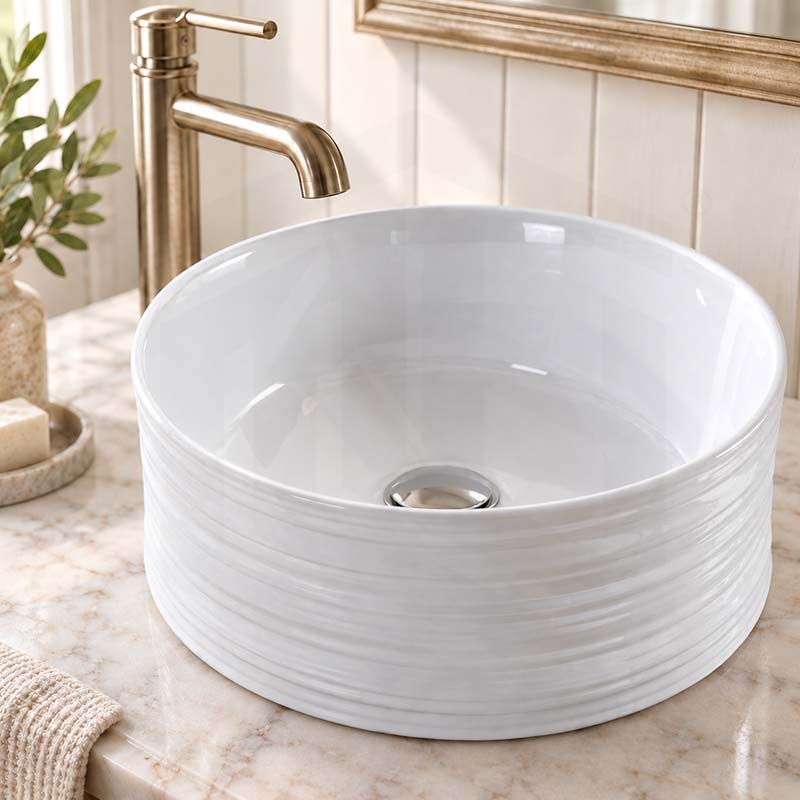 408x408x180mm Round Gloss White Ceramic Above Counter Wash Basin Textured Outside