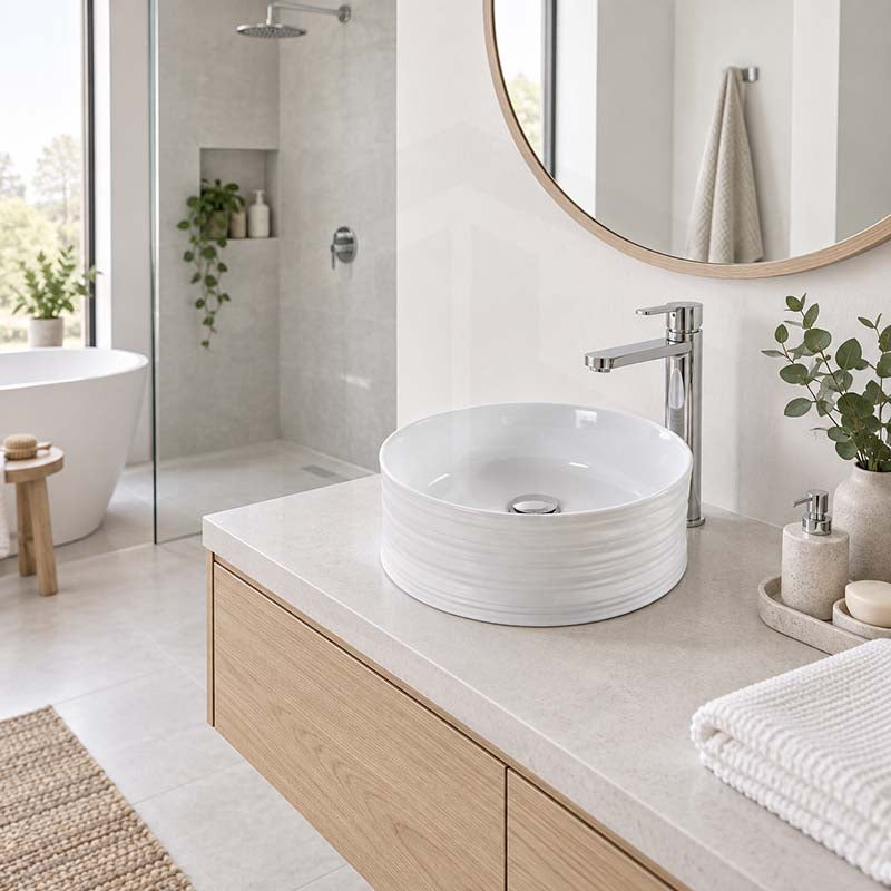 408x408x180mm Round Gloss White Ceramic Above Counter Wash Basin Textured Outside