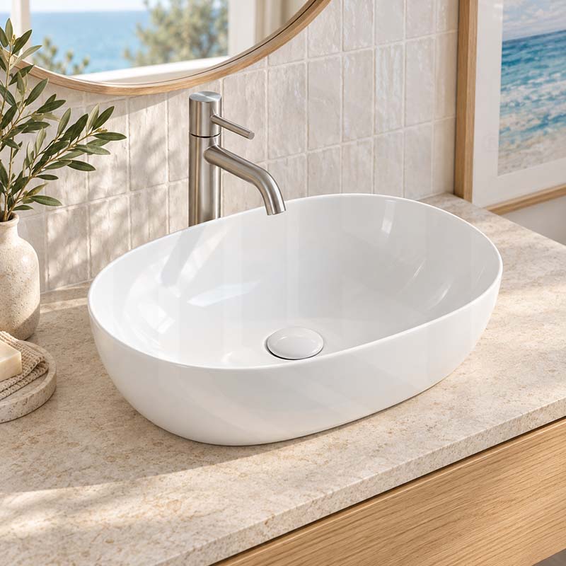 490x355x130mm Oval Above Counter Gloss White Ceramic Basin Ultra Slim