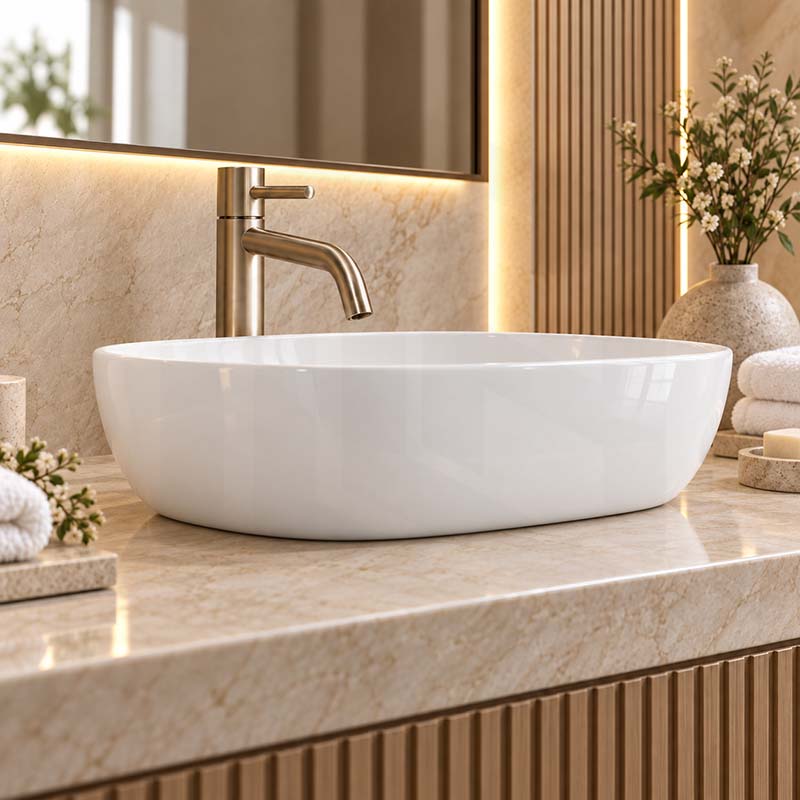 490x355x130mm Oval Above Counter Gloss White Ceramic Basin Ultra Slim