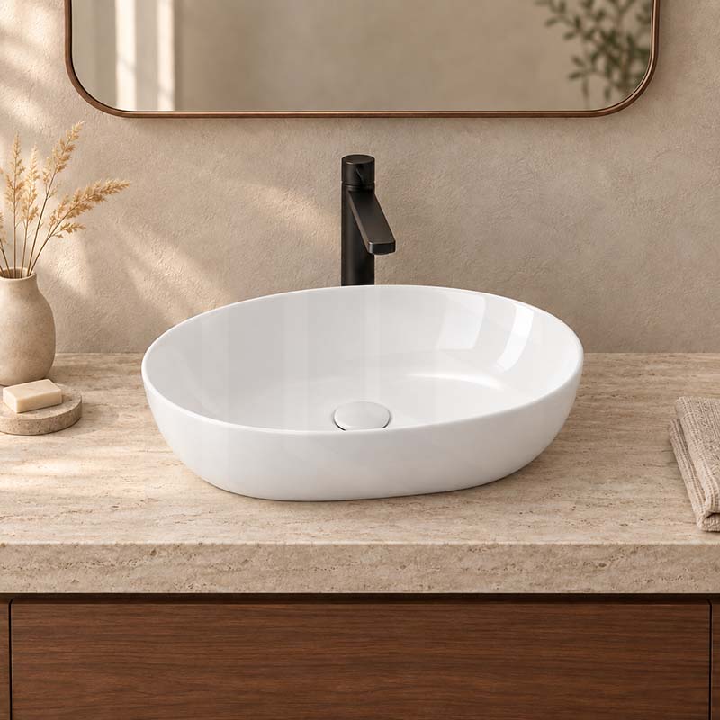 490x355x130mm Oval Above Counter Gloss White Ceramic Basin Ultra Slim