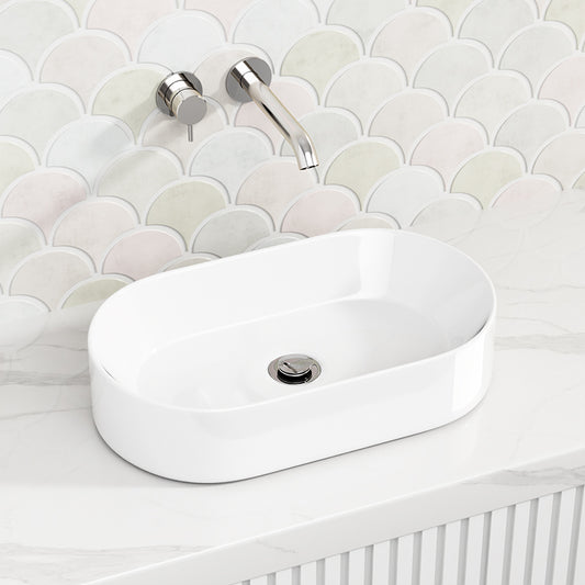 530x300x115mm Oval Gloss White Ceramic Above Counter Wash Basin Ultra Slim