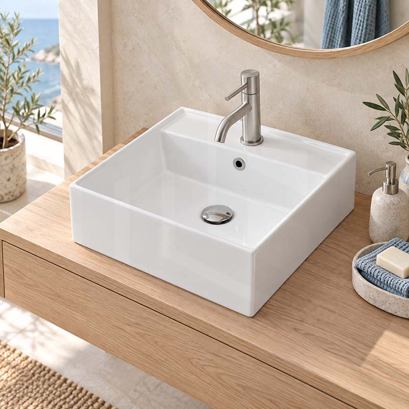 460x460x155mm Above Counter/Wall-hung Square White Ceramic Basin One Tap Hole