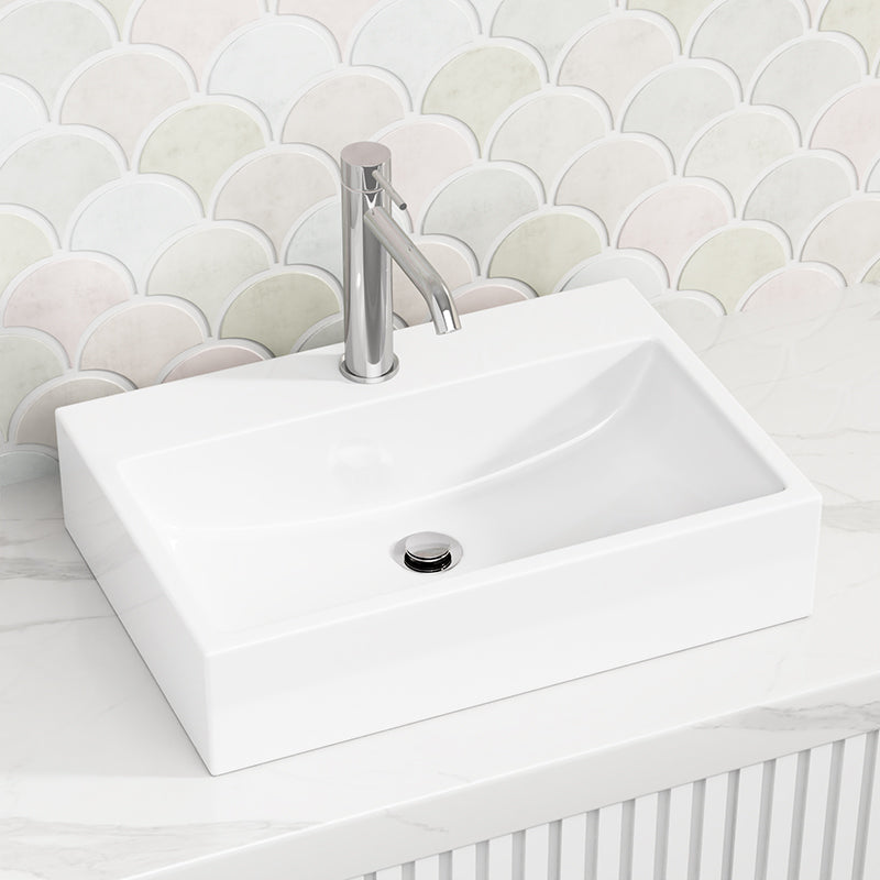 520x360x120mm Rectangle Gloss White Above Counter/Wall Hung Ceramic Wash Basin With Tap Hole