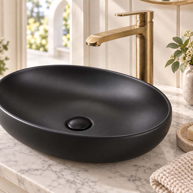 600x400x155mm Bathroom Oval Above Counter Ceramic Wash Basin Matt Black
