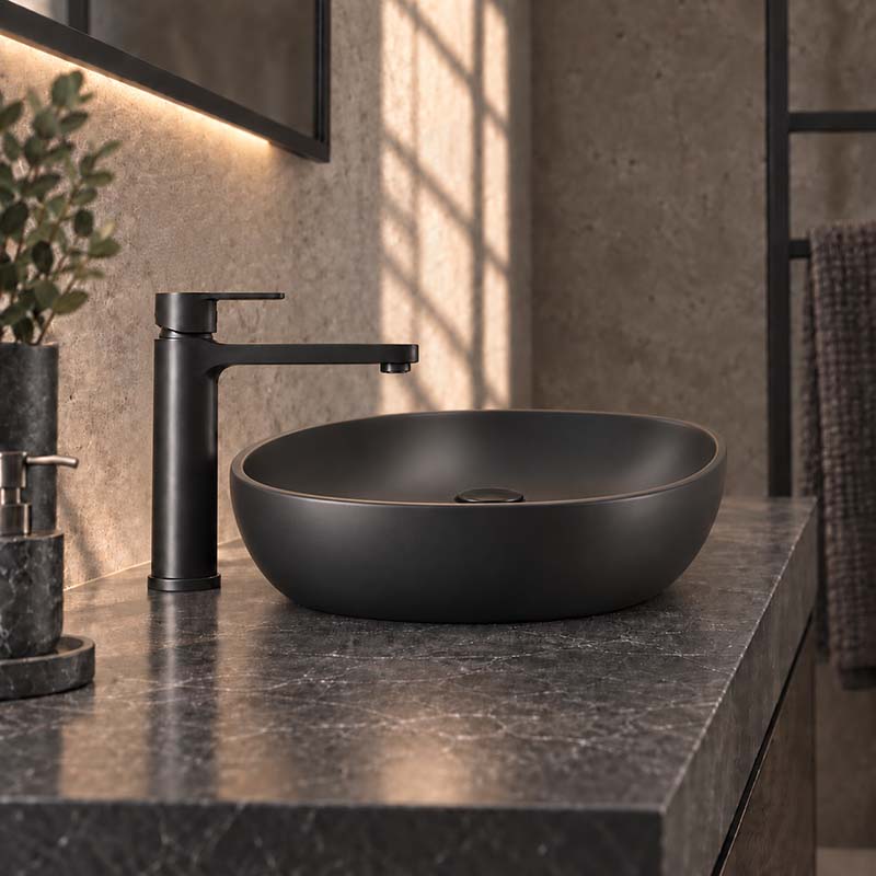 600x400x155mm Bathroom Oval Above Counter Ceramic Wash Basin Matt Black