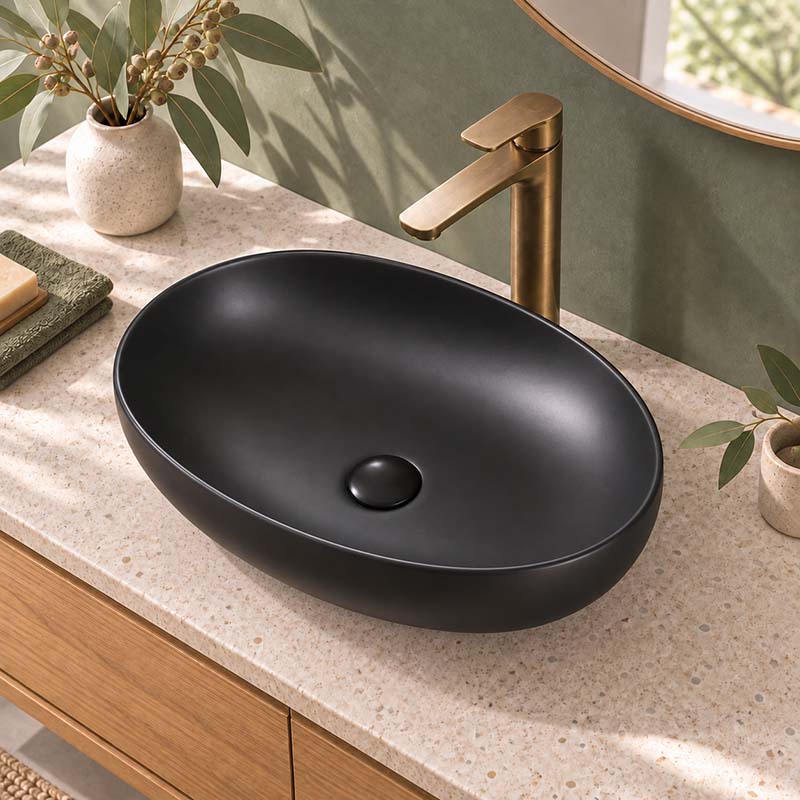 600x400x155mm Bathroom Oval Above Counter Ceramic Wash Basin Matt Black