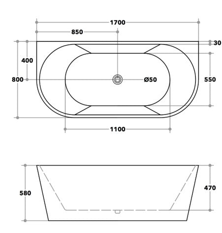 1400/1490/1700mm Elivia Bathtub Back To Wall Acrylic Matt White No Overflow 1700mm